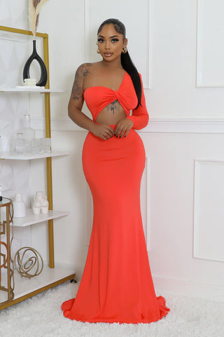 Model wearing coral one-shoulder cutout maxi dress front view
