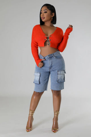 Cropped orange sweater with cuffed sleeves women