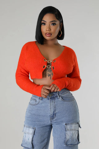 Orange Chain Front Cropped Knit Sweater