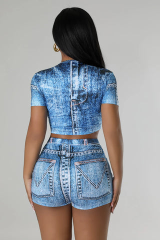 Denim Print Two Piece Short Set