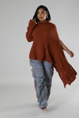 Draped Turtleneck Knit Cardigan with Asymmetrical Slit