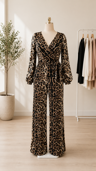 Women’s leopard sequin wrap jumpsuit with long sleeves, faux wrap neckline, waist tie, and wide-leg pants displayed on a boutique mannequin.