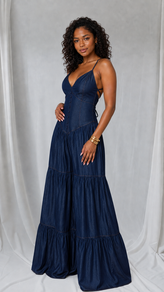Lightweight non-stretch denim jumpsuit three-quarter view