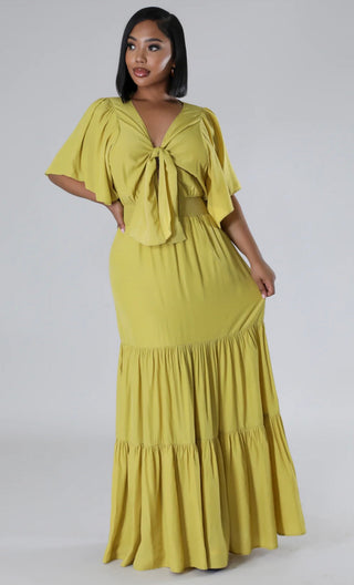 Elegant lime green maxi dress with V-neck and tiered skirt for women boutique fashion