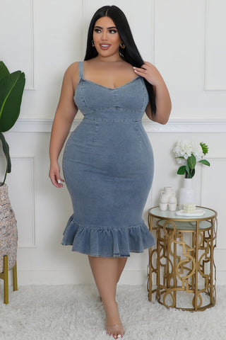 Curve hugging blue jean midi dress with zipper closure and flounce hem