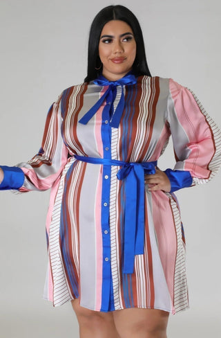 Striped bow tie belted shirt dress for women with long sleeves