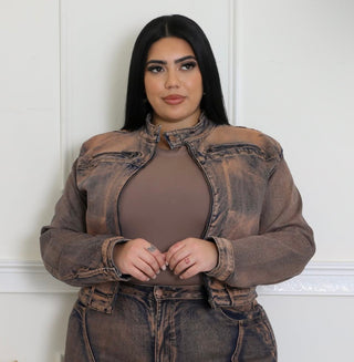 Plus size model wearing mocha wash cropped denim jacket with zipper front