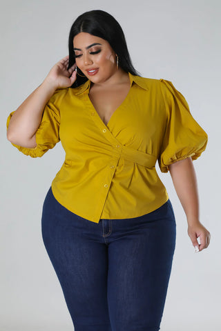 Mustard Puff Sleeve Tie-Waist Button-Up Blouse