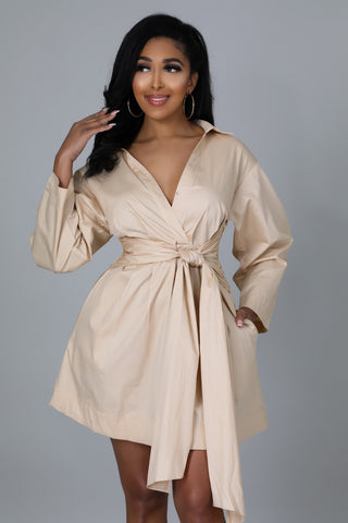 Neutral tie waist mini dress with long sleeves and pockets