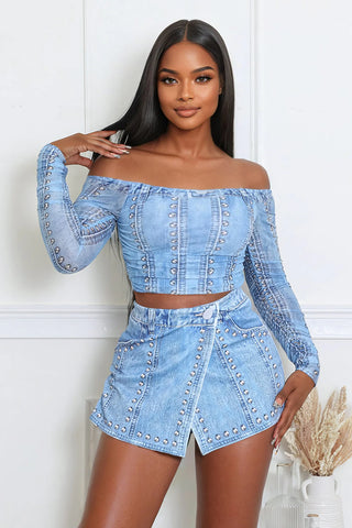 Off shoulder denim look studded skort set with long sleeve crop top