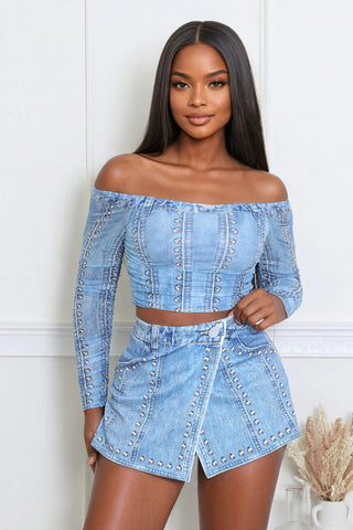 Denim print off shoulder long sleeve crop top and high waisted skort set two piece outfit