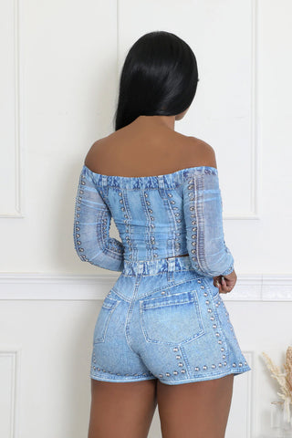 Denim print off shoulder long sleeve crop top and high waisted skort set two piece outfit