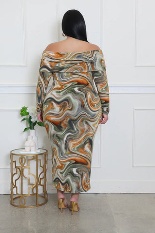 olive marble off shoulder bodycon midi dress back view boutique fashion
