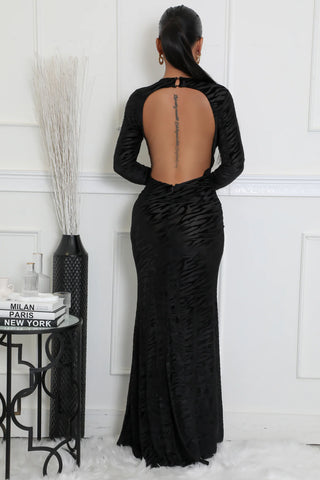 Elegant black boutique maxi dress front and back view