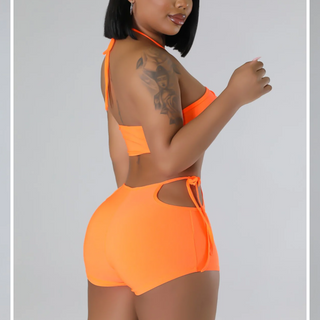 boutique swim set with high waisted shorts and halter top
