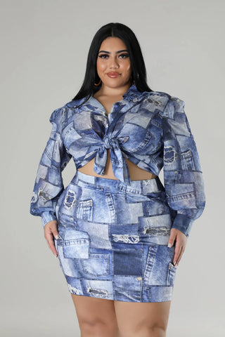 Patchwork denim print skirt set with button up long sleeve top front view