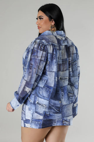 Collared long sleeve button up top patchwork denim look print