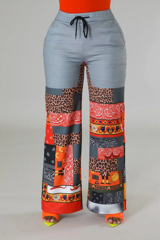 Patchwork print high waist wide leg pants women front view