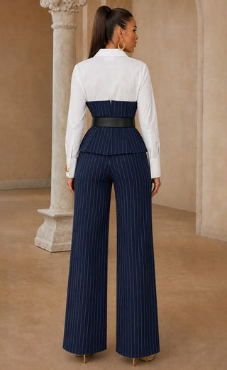 Back view of the peplum top showing its white upper panel, long white sleeves we can answer this comprehensively need avoid typo? should just continue final no analysis in final.