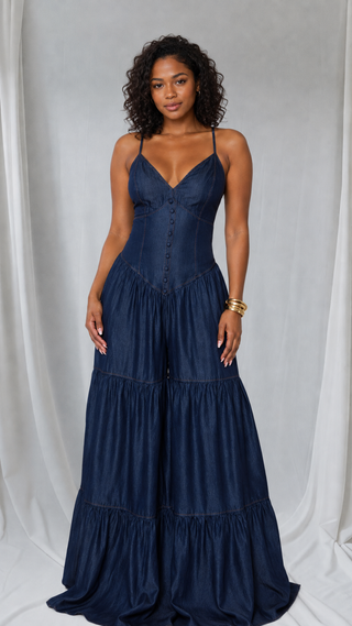 Petite open-back tiered wide-leg denim jumpsuit front view