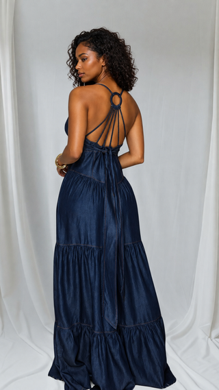 Petite dark indigo denim jumpsuit with ring\-strap open back