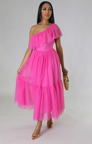 pink one shoulder tulle maxi dress women
