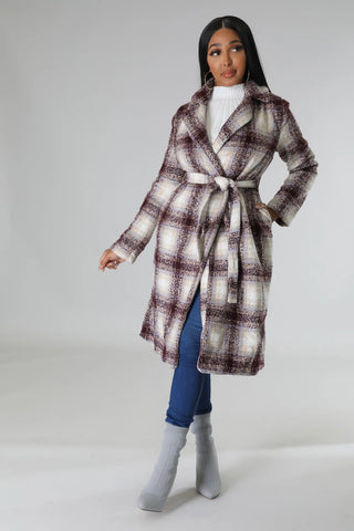 Plaid long coat women belted