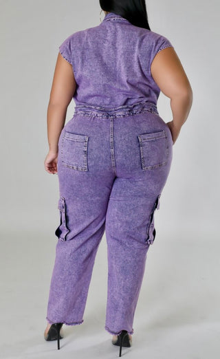 Plus size lavender washed denim cargo jumpsuit with short sleeves, button front, drawstring waist, and wide leg fit