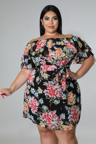 Plus size off-shoulder dress with self-tie belt — Tulleys Boutique
