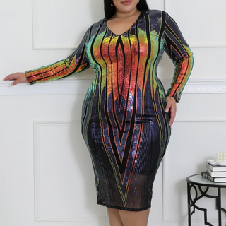 Plus size sequin midi dress with colorful prism design