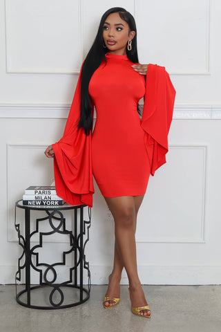 Model wearing Red Sun stretch mini dress with round neckline and long bell sleeves
