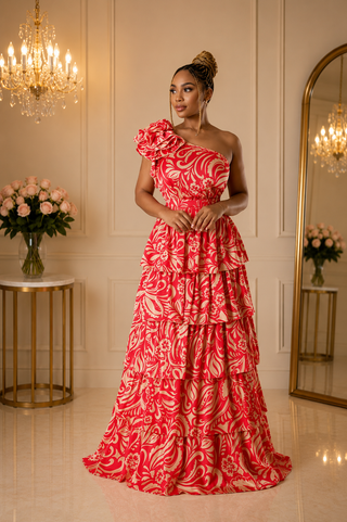 Royal Ember One-Shoulder Ruffle Maxi Dress