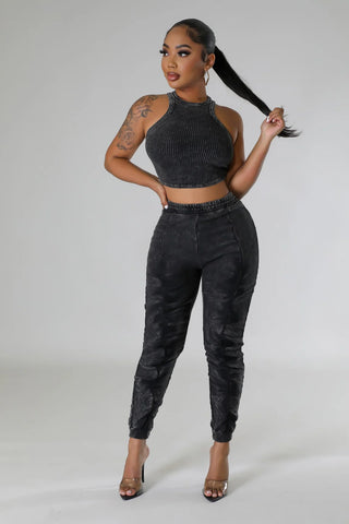 Ribbed crop top and jogger pant set women acid wash