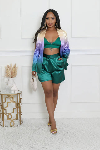 Women’s emerald green satin blazer and ruched shorts set