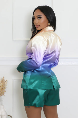 High waisted green satin shorts with pockets front view