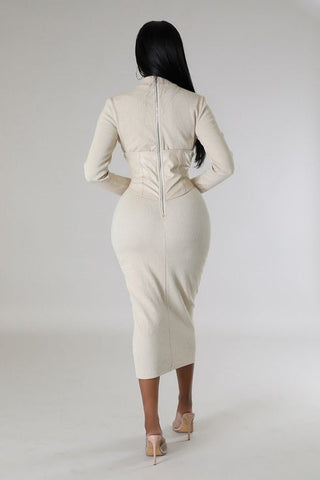 long sleeve ribbed bodycon midi dress with corset detail everyday chic look