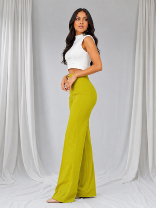   Side view of lime green high-waisted wide-leg statement pants for women