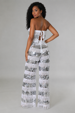 Side view of silver sequin fringe two-piece pants outfit with wide-leg silhouette