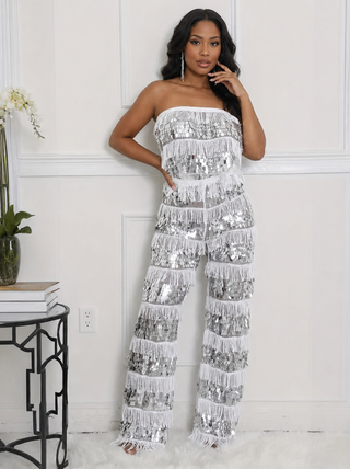 Silver sequin fringe two-piece pants set with full-length strapless top
