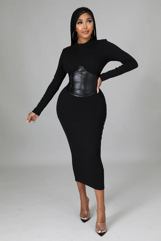 black ribbed bodycon midi dress with corset detail long sleeve fitted dress