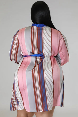 Elegant boutique striped shirt dress with blue waist tie belt