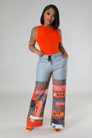 Statement patchwork wide leg pants women outfit