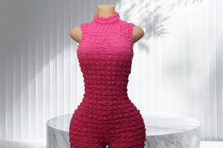     Stretch bubble texture bodycon jumpsuit for women in hot pink