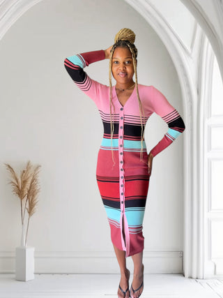 Striped ribbed knit button‑front sweater midi dress women