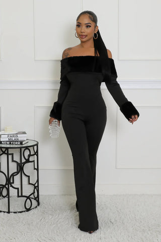 Tall Girl 34” Inseam Wide-Leg Jumpsuit – Fur Sleeve Detail