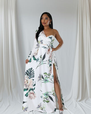 woman wearing one shoulder sweetheart slit dress