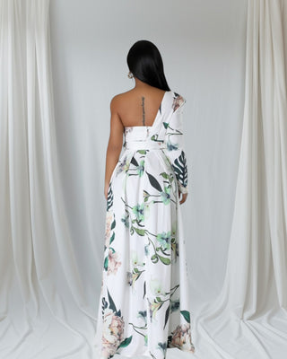 back view of long sleeve evening dress