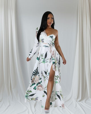 woman walking in dress with thigh slit