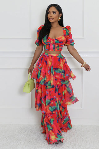 Tropical ruffle maxi skirt set with v neck cropped top front view