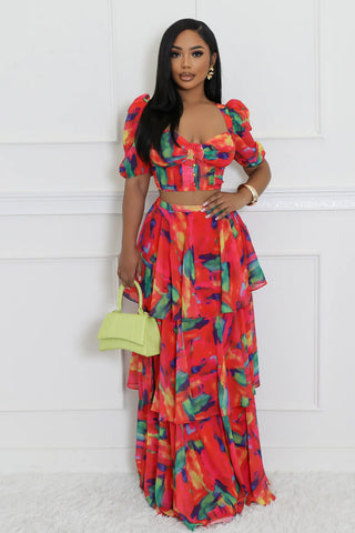 Brunch outfit colorful maxi skirt set with cropped top and ruffles